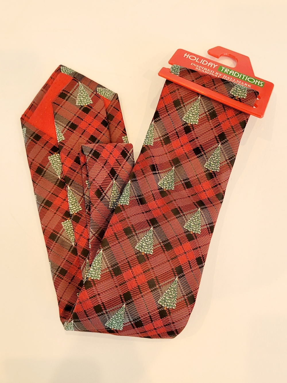 Red Plaid Tie with Green Tree Motif